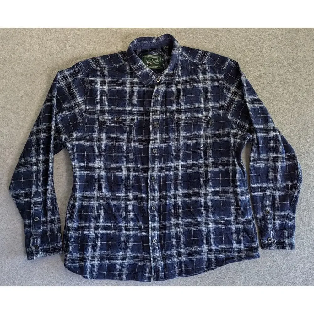 Woolrich Men‎ Shirt XXL Blue Plaid Shacket Heavy Weight Pockets Warm Button Up